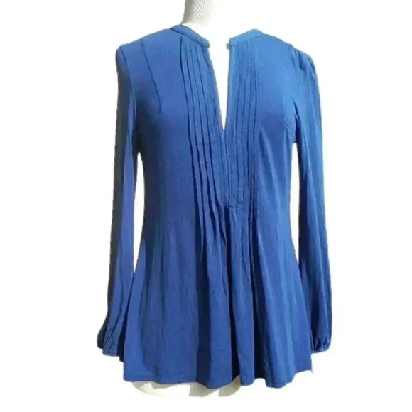 NEW Mododoc Blue Knit Long Sleeve Pleated Slit V Neck Blouse - Picture 1 of 3
